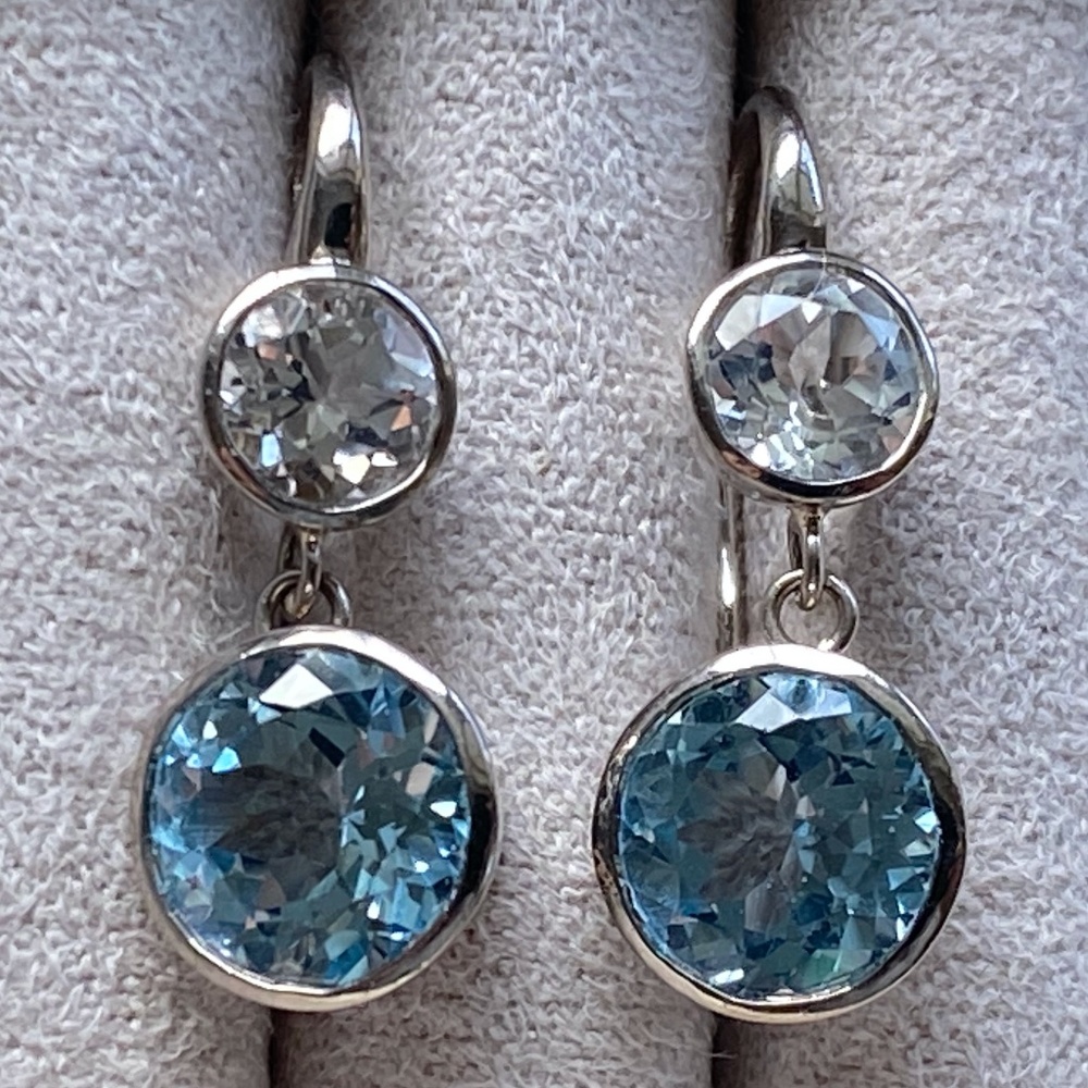 Designer RAY GRIFFITHS 18K White Gold Blue Topaz 2 Double Drop Earrings ~ $3K+